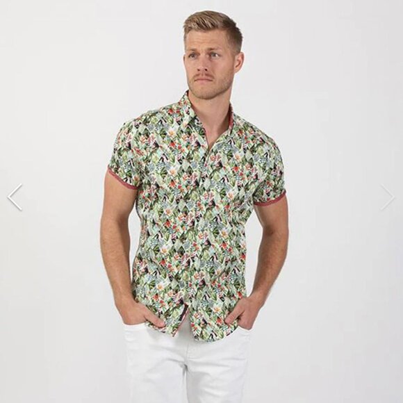 Eight X Premium Men Slim Fit  Short Sleeve 100% made in Turkey tropical palms - Picture 1 of 3
